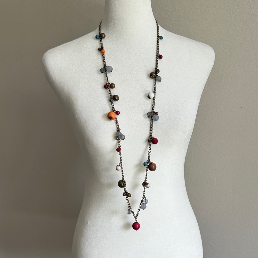 Vintage Long Multicolor Beaded Chain Necklace - Women Jewelry